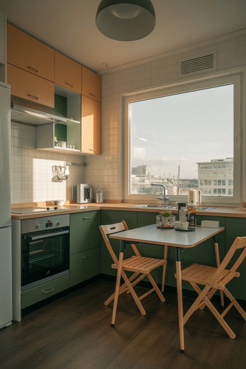 A small kitchen featuring a foldable table and chairs, maximizing space efficiency.
