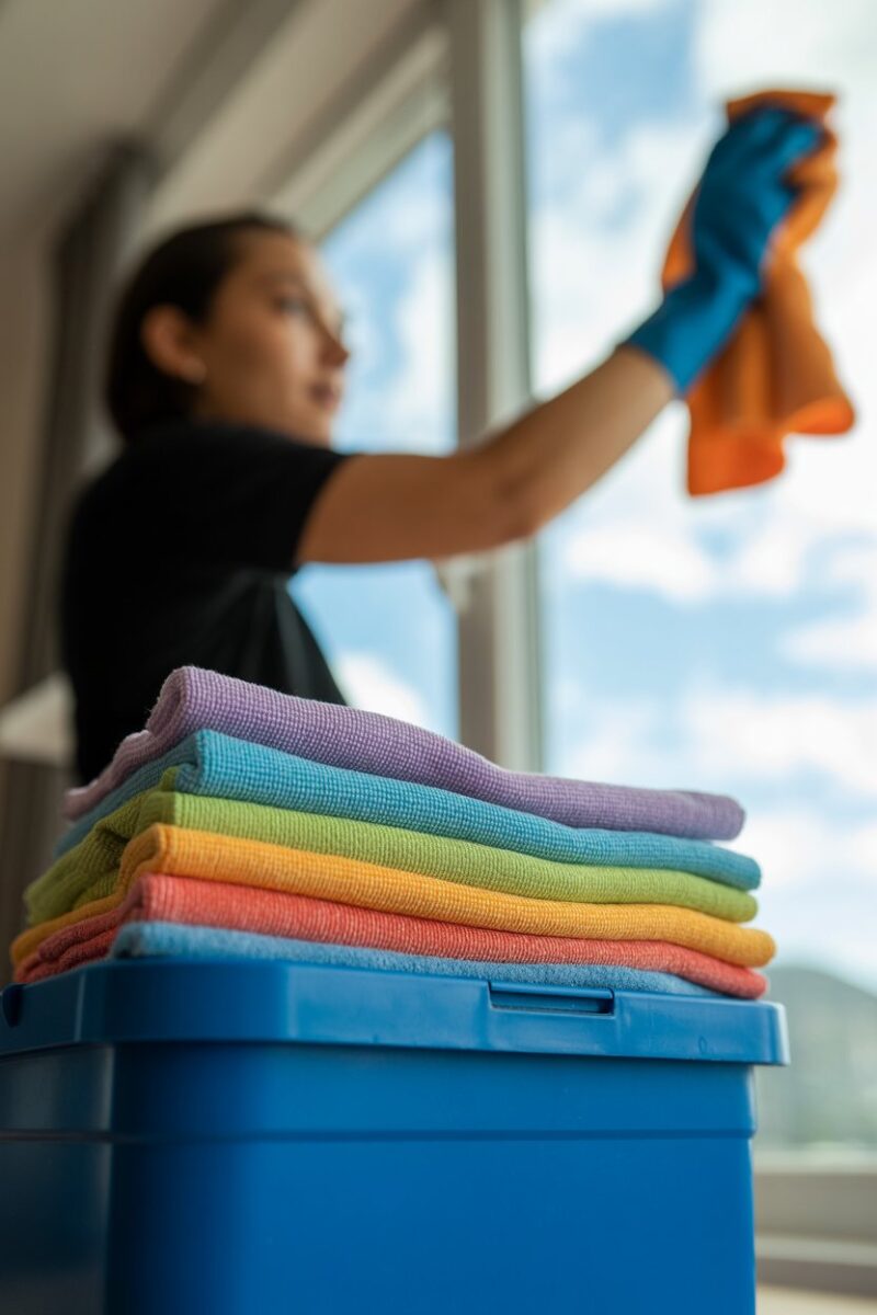 A stack of colorful microfiber cloths in a blue container with a person cleaning a window.