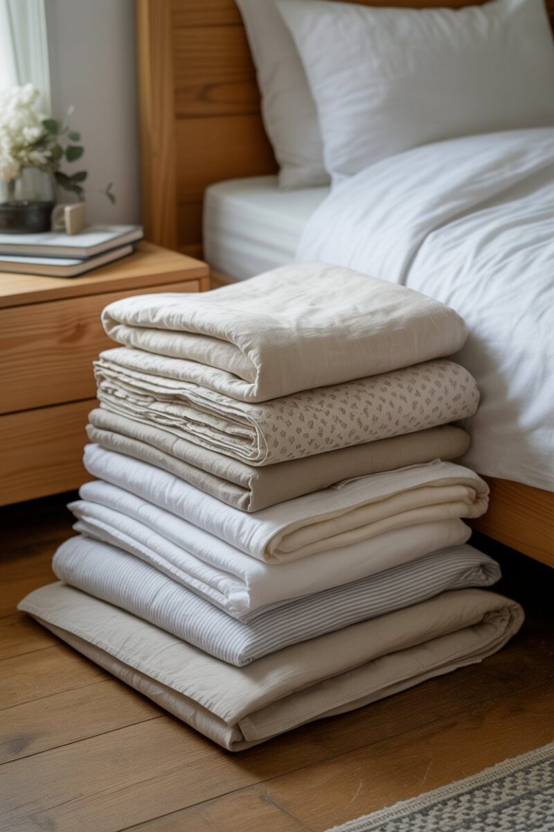 A stack of neatly folded old bedding and linens on a wooden floor next to a bed.