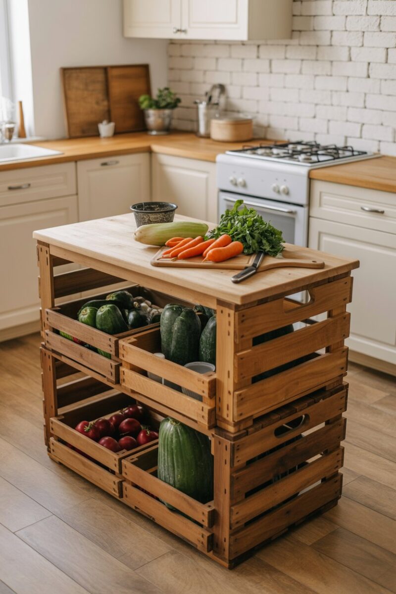 A stylish kitchen island made from wooden crates with fresh vegetables on a cutting board.