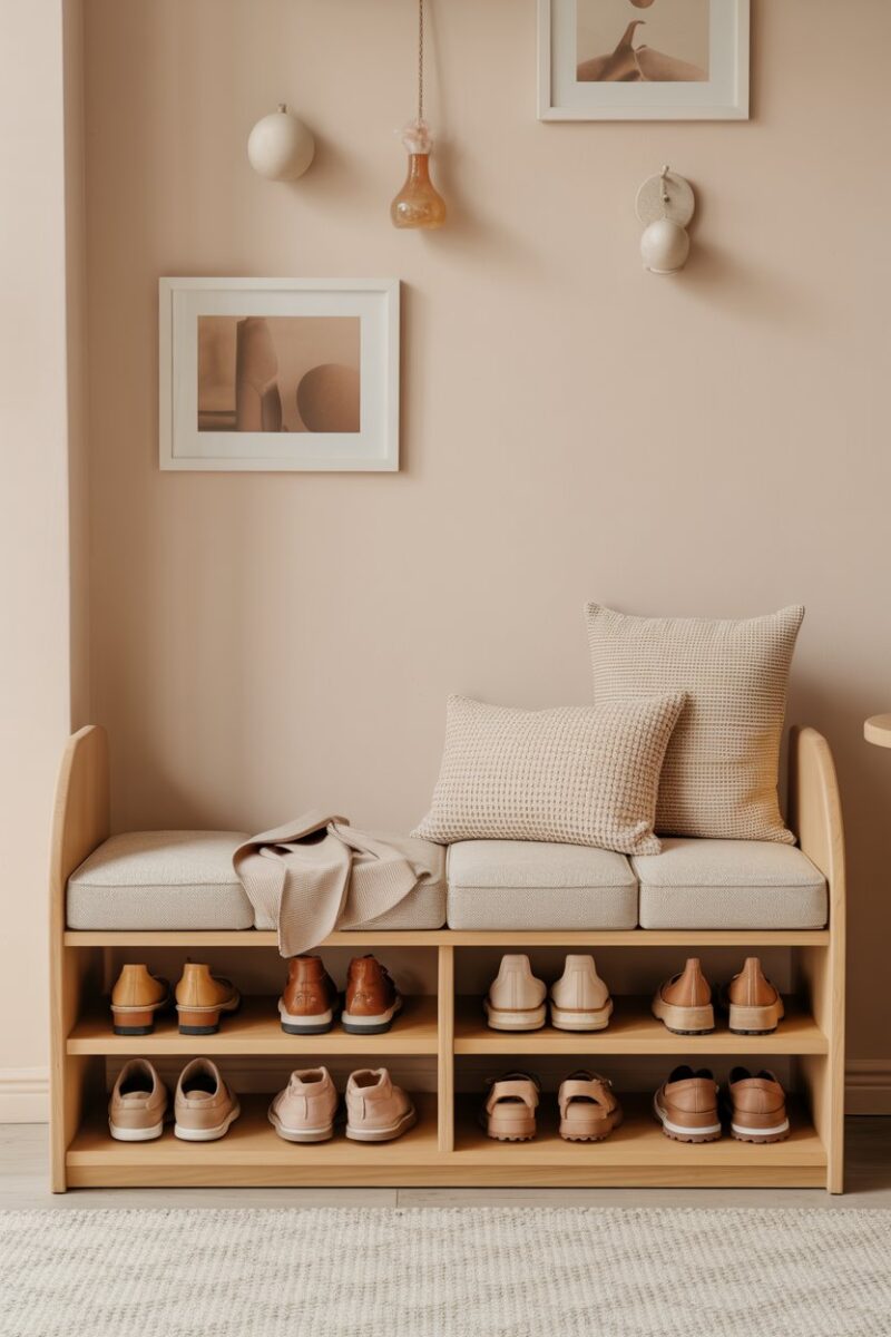A stylish shoe rack with built-in seating, displaying various shoes and a cozy cushion.