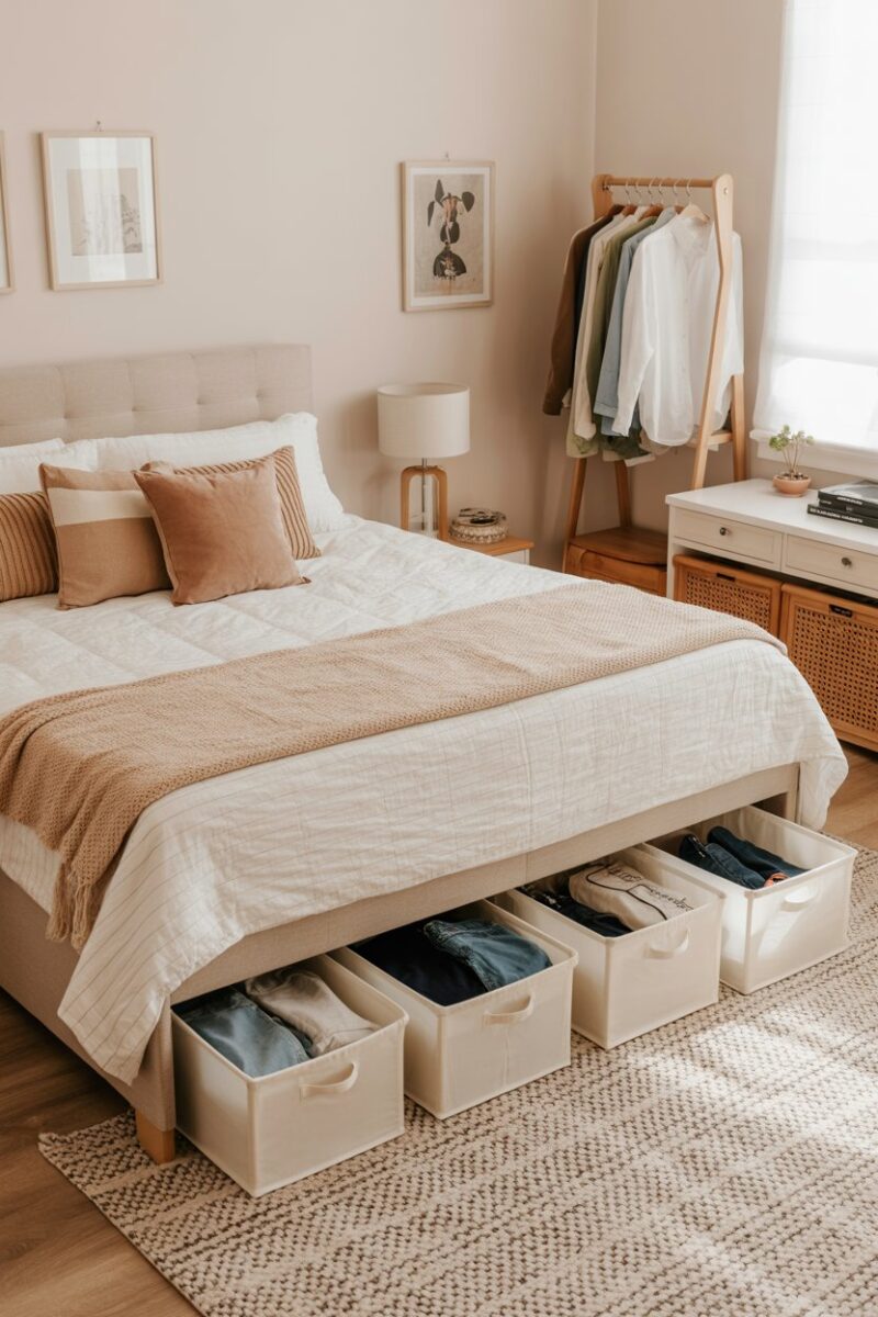 A tidy bedroom with under-bed storage bins filled with clothes.