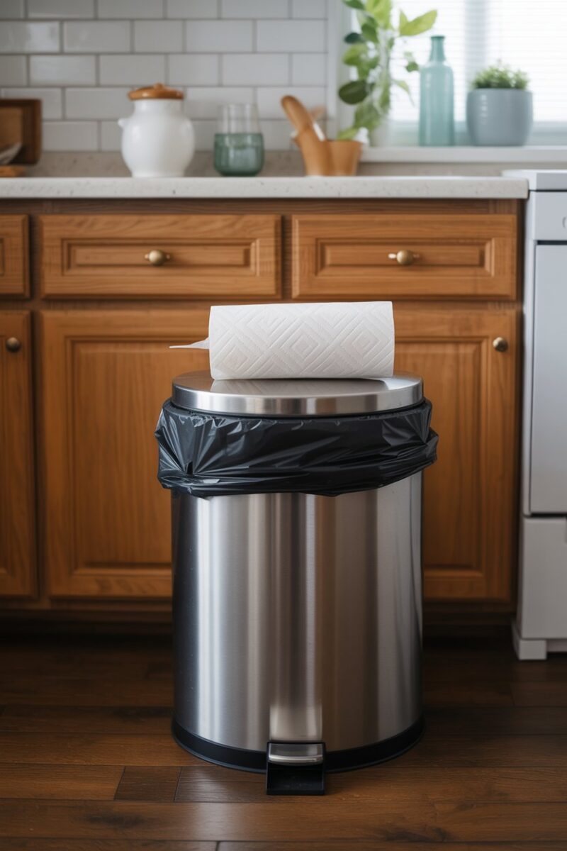 A trash can with a black trash bag and paper towels on top, set in a cozy kitchen environment.