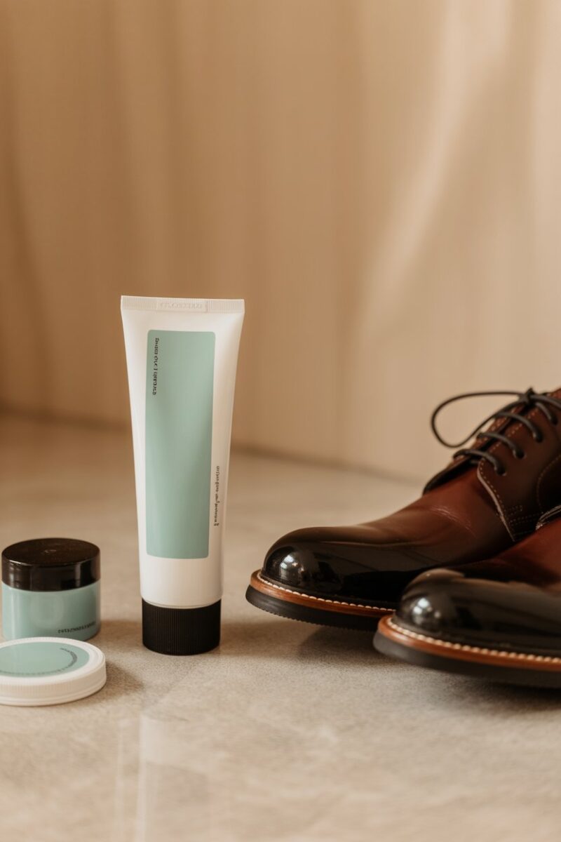 A tube of toothpaste next to a container and a pair of polished shoes.