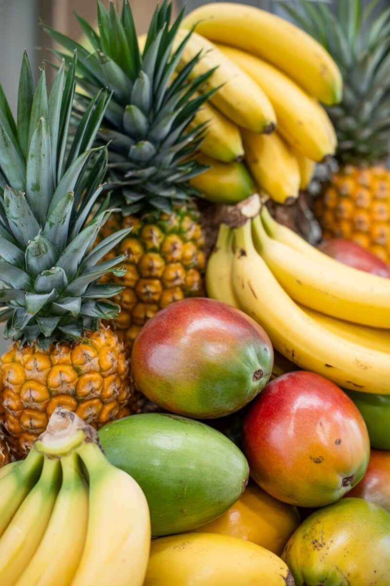 A vibrant display of tropical fruits including pineapples, mangoes, and bananas.