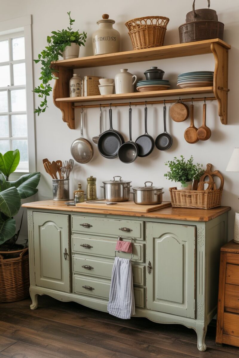 A vintage dresser repurposed for kitchen storage, showcasing pots and utensils.