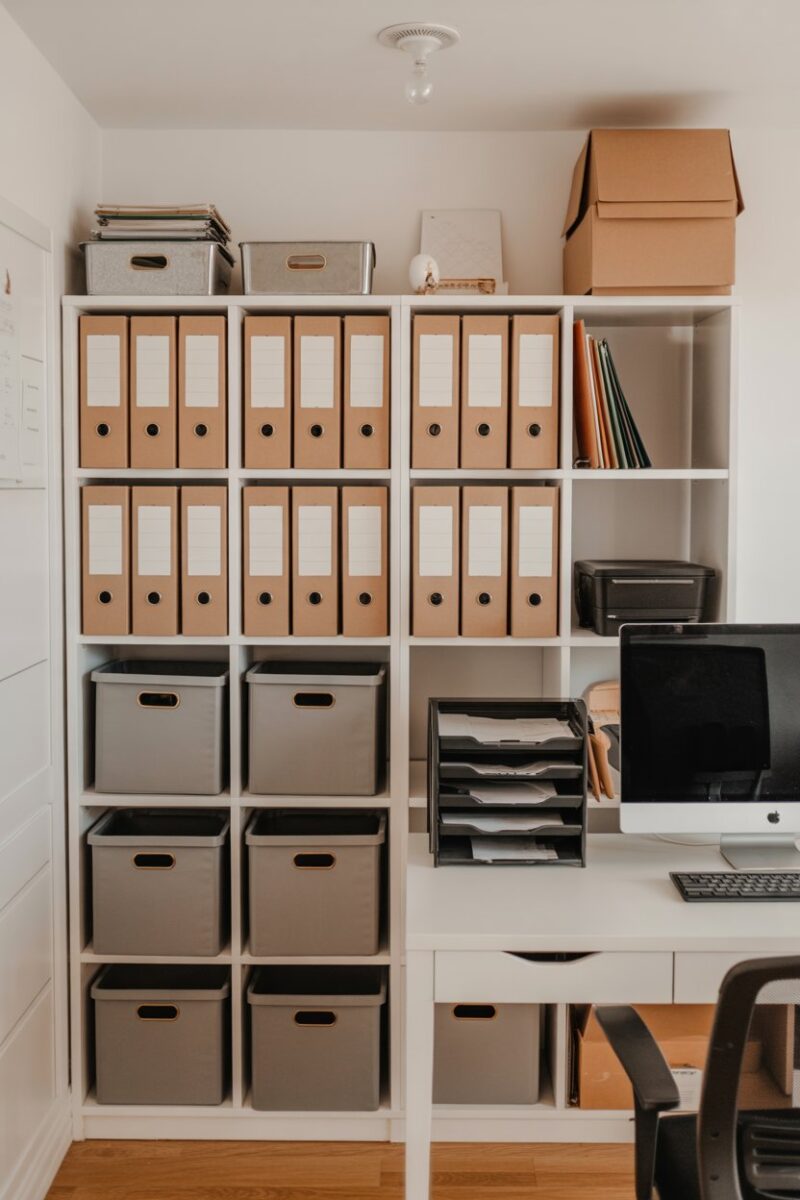 A well-organized home office with labeled folders and storage bins on shelves.