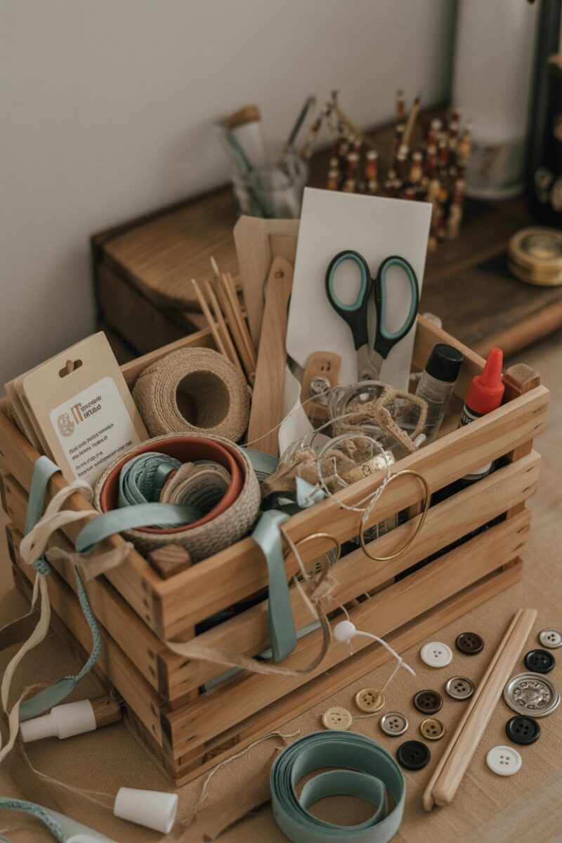 A wooden crate filled with various craft supplies including buttons, ribbons, scissors, and glue.