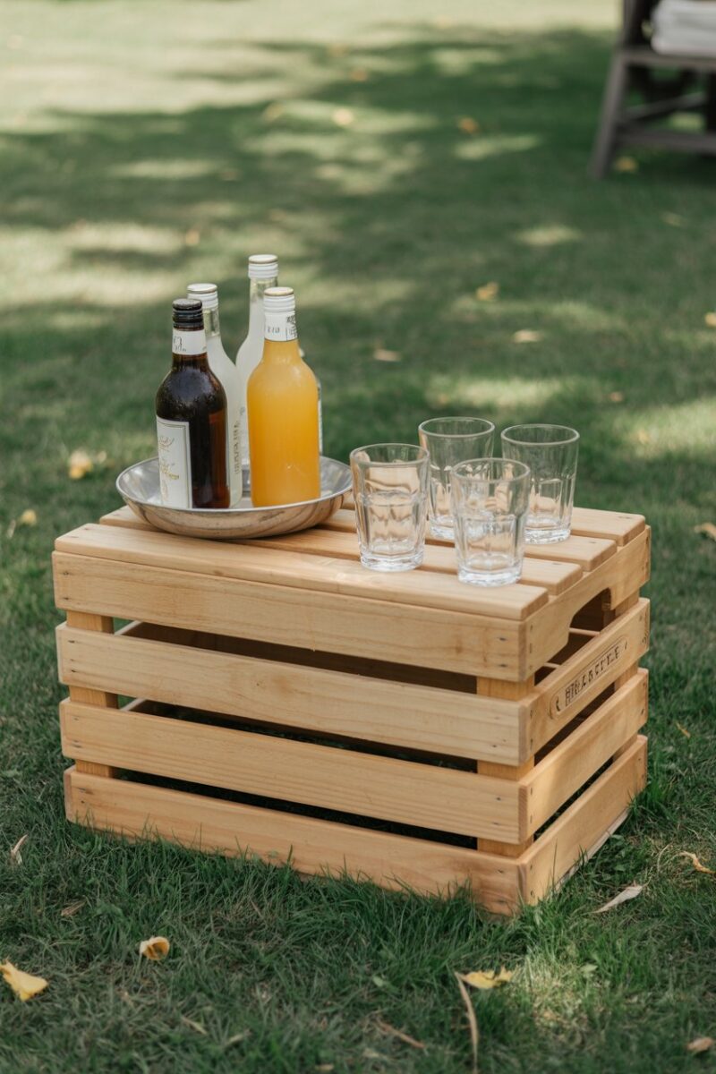 A wooden crate serving as an outdoor beverage station with drinks and glasses.