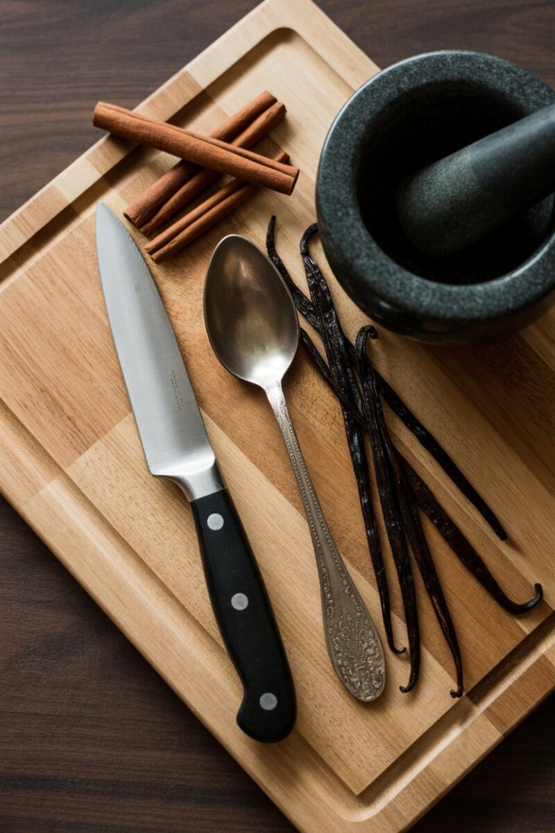 A wooden cutting board with a knife, spoon, and a mortar and pestle surrounded by cinnamon sticks and vanilla beans.