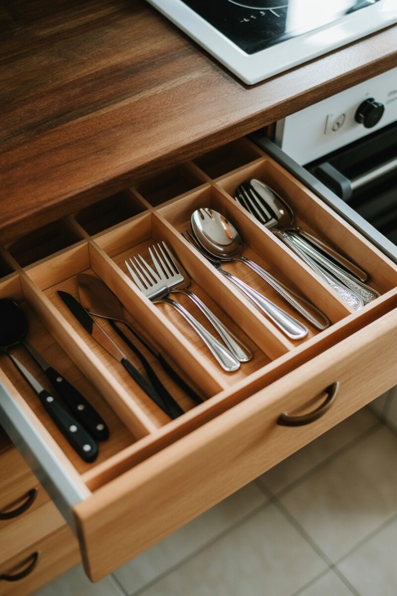 A wooden drawer with cardboard dividers neatly organizing various utensils.