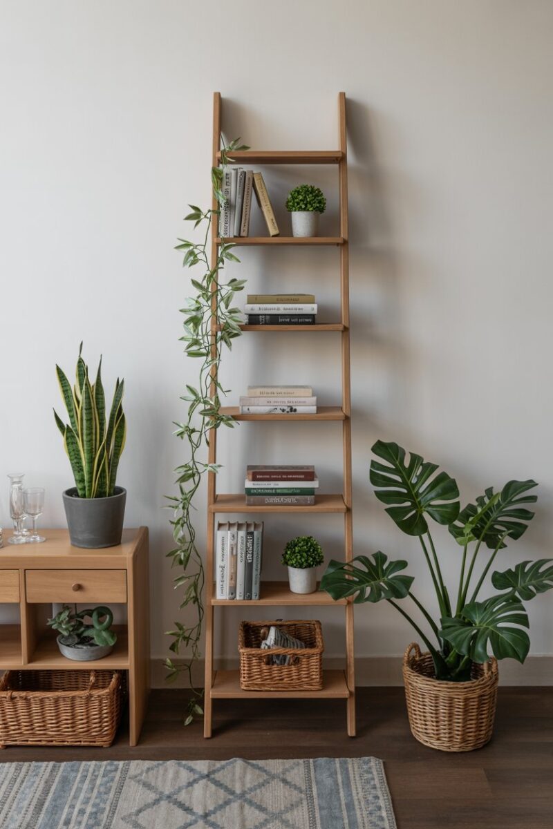 A wooden ladder repurposed as a shelving unit, displaying books and potted plants.