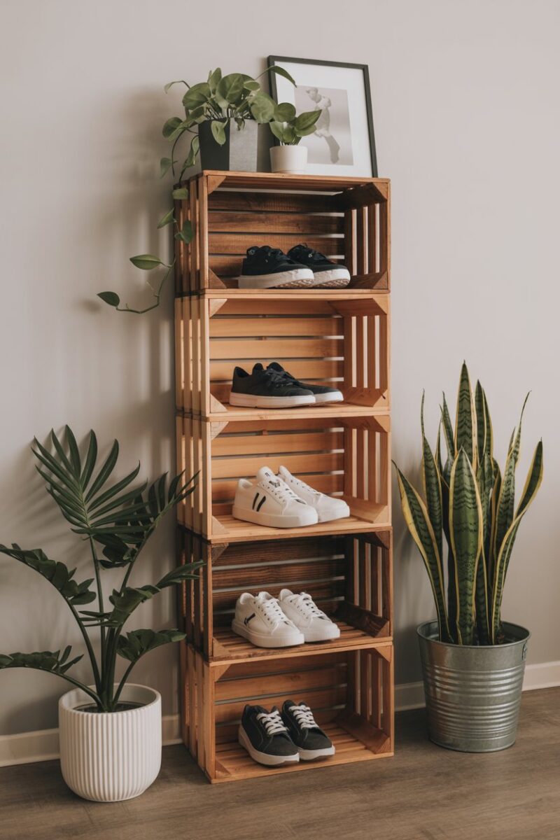 A wooden shoe rack made from stacked crates, displaying various sneakers and adorned with plants.