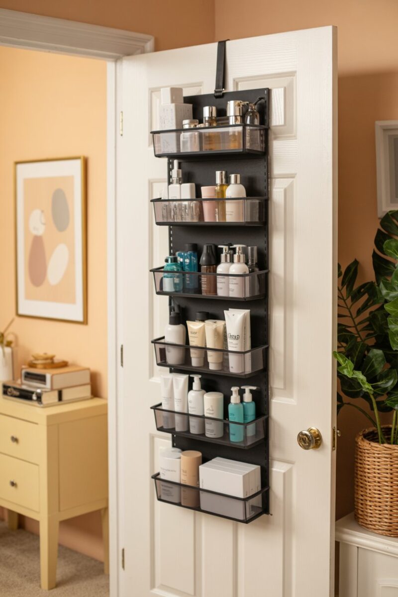 An over-the-door organizer filled with various beauty and skincare products.