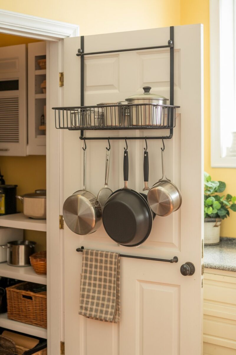 An over-the-door storage rack holding pots and kitchen utensils.