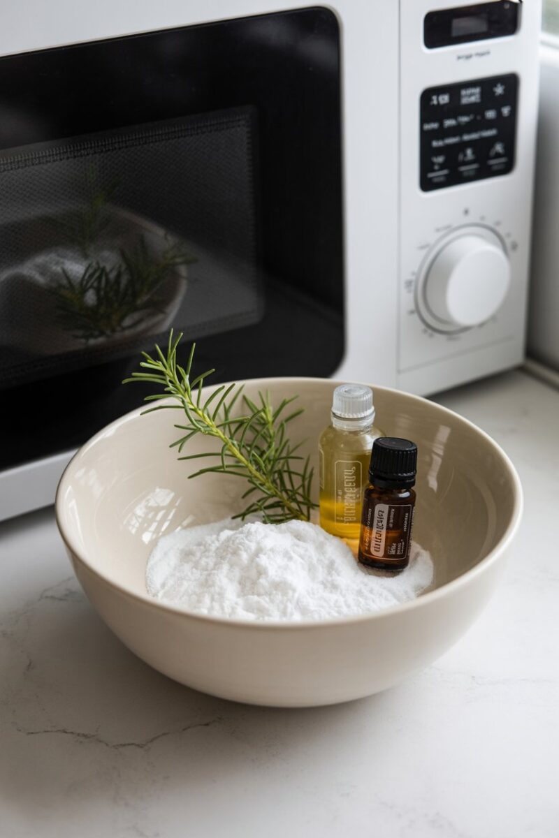 Baking soda and essential oils in a bowl inside a microwave.