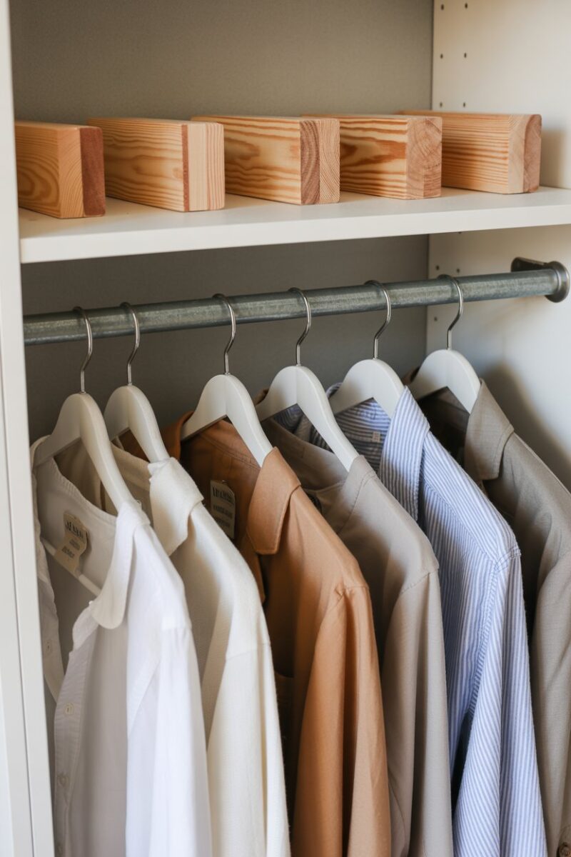 Cedar blocks placed on top of neatly hung clothes in a closet