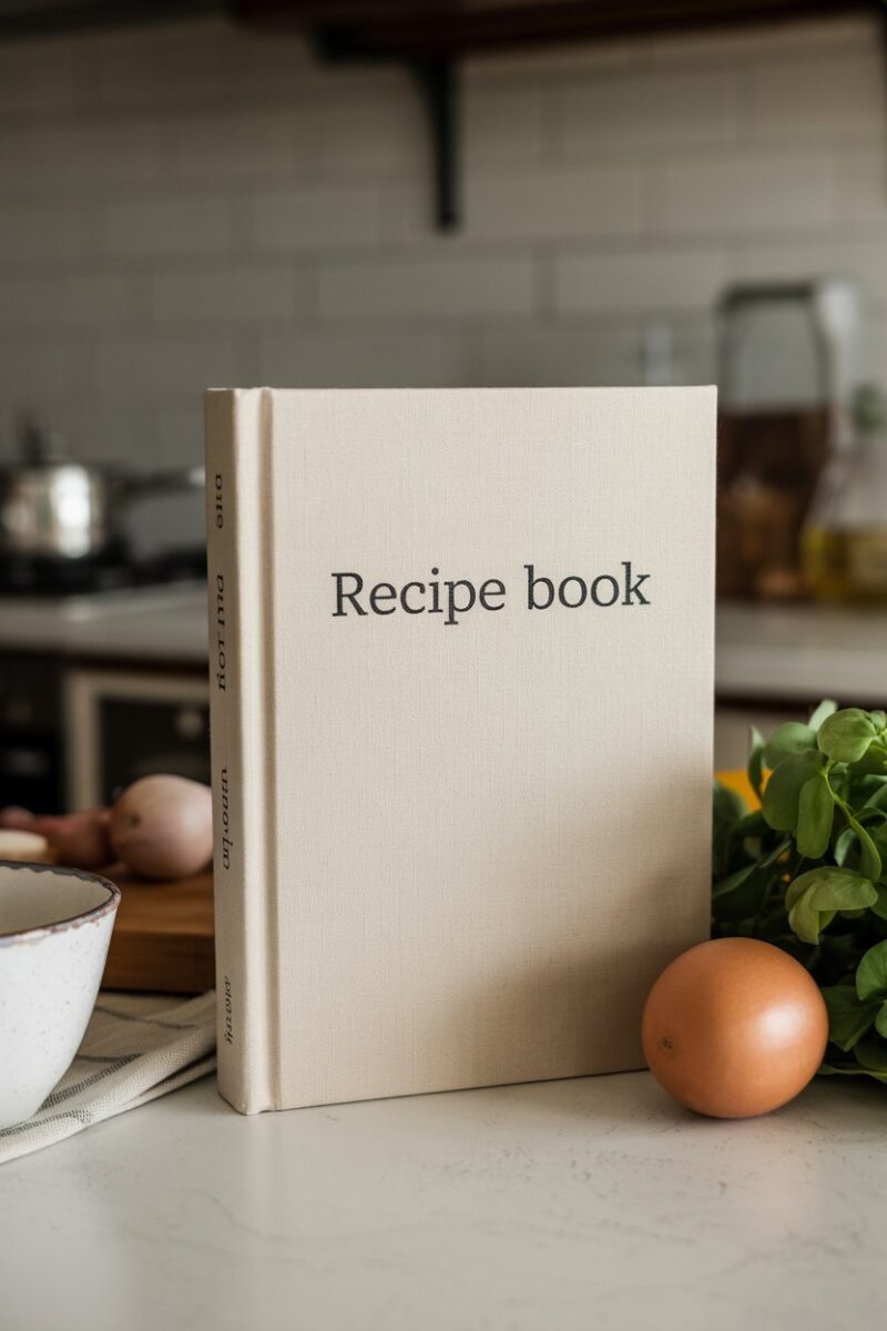 Open personalized recipe book on a kitchen counter with ingredients around it.