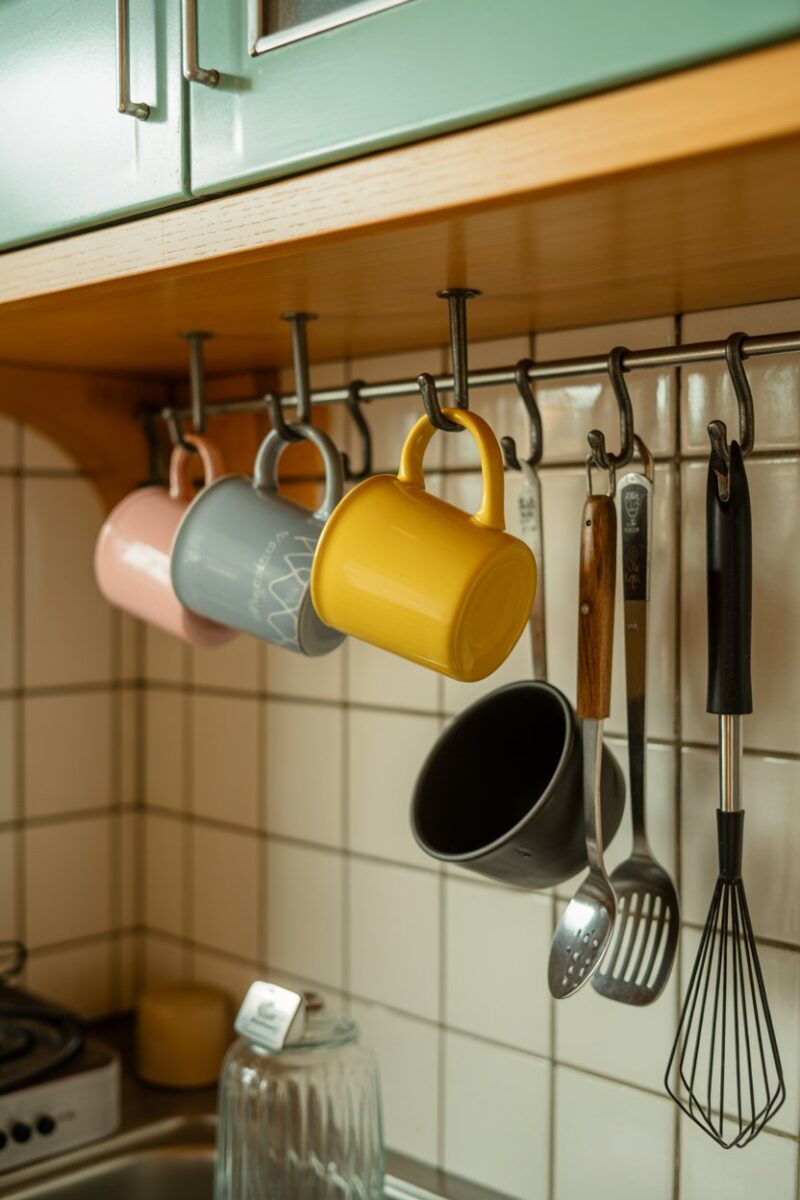 Colorful mugs and kitchen tools hanging on hooks in a small kitchen.