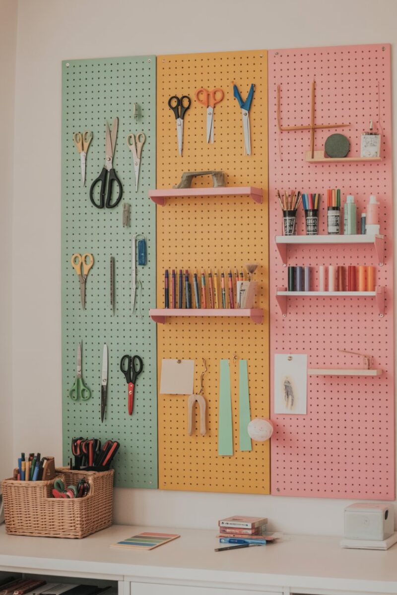 Colorful pegboard wall displaying various craft supplies like scissors, markers, and brushes.