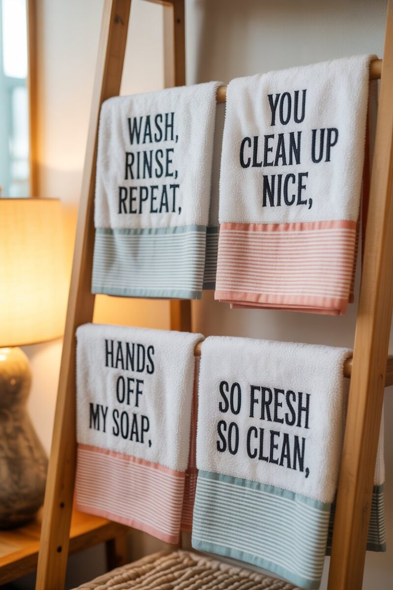 Custom embroidered towels with fun phrases displayed on a wooden shelf.