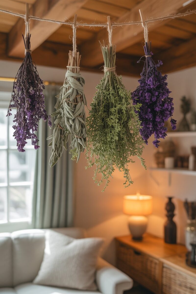 Dried patchouli and sage hanging in a cozy interior setting.