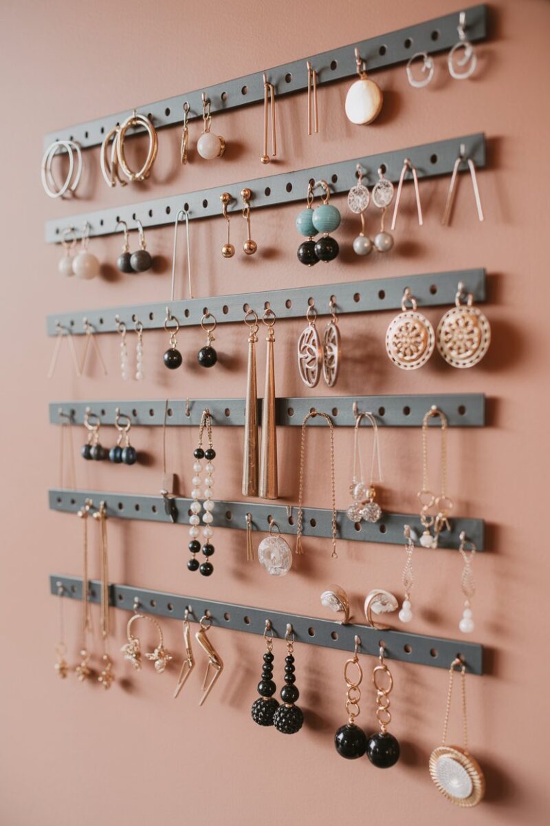 Magnetic strips displaying various earrings and small accessories on a wall.