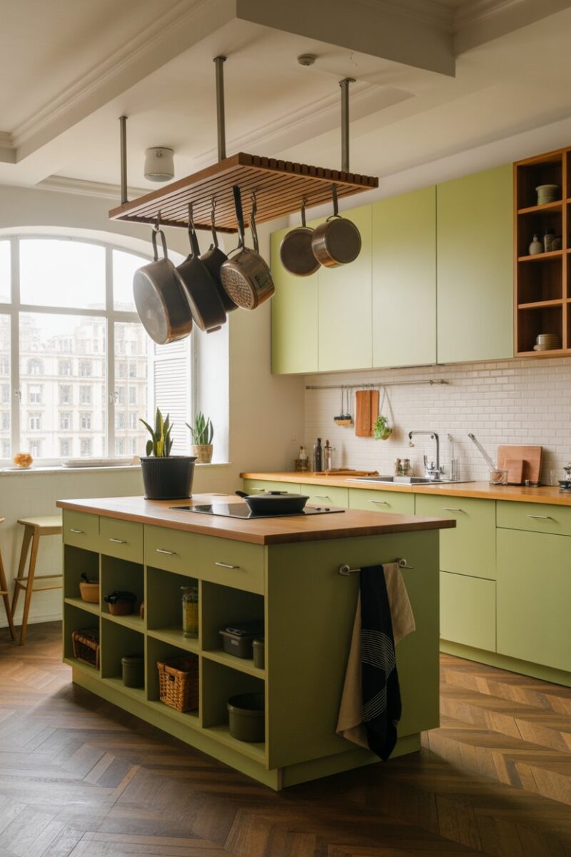 Modern kitchen island with storage and hanging pots.