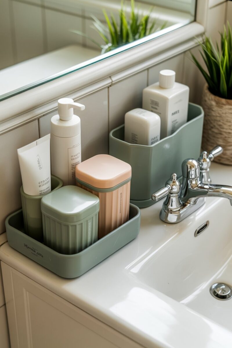 Organized bathroom counter with toiletries in containers.