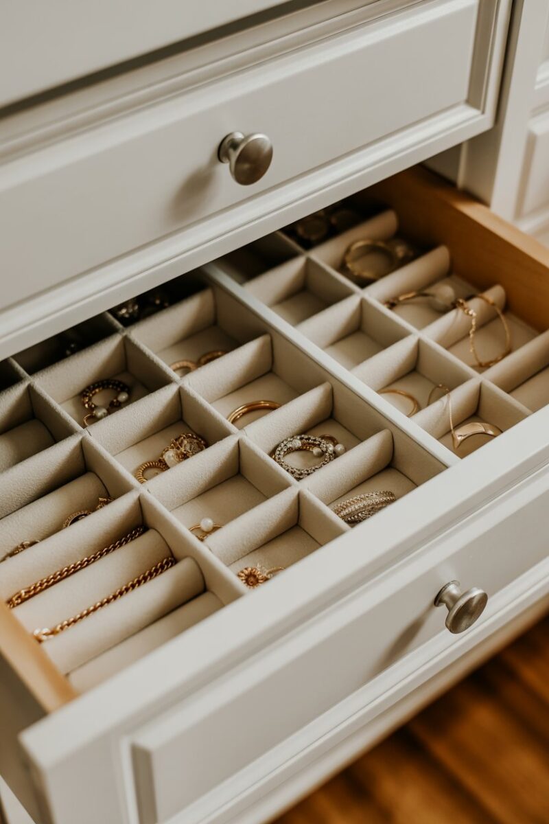 Organized drawer with dividers holding various jewelry pieces.