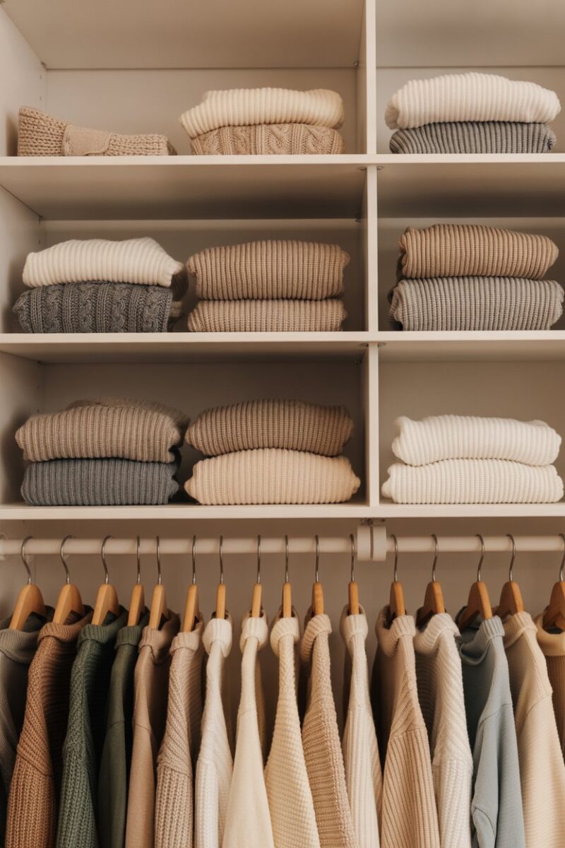 Organized hanging shelves with neatly folded sweaters in various colors.