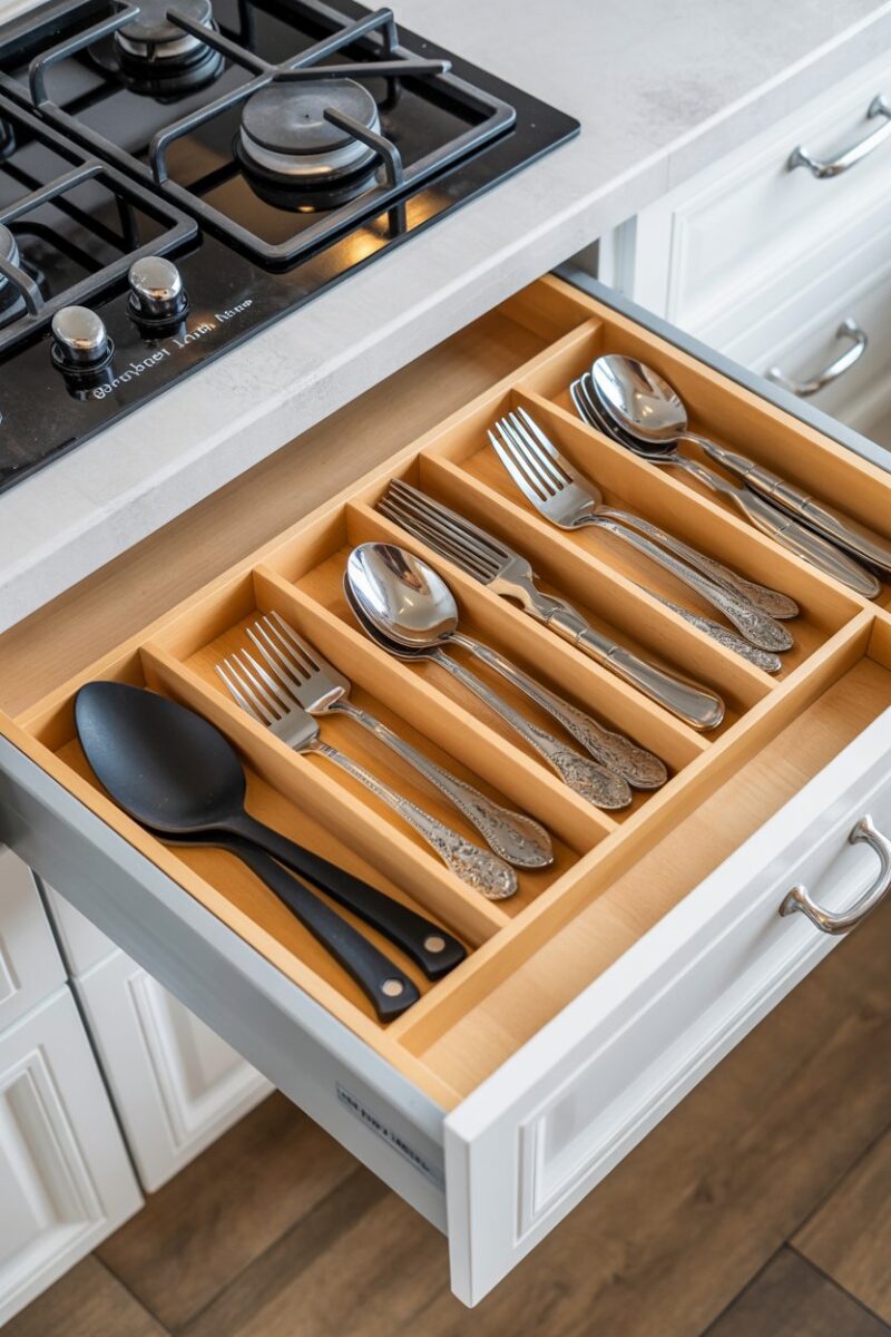 Organized kitchen drawer with wooden dividers separating various utensils.