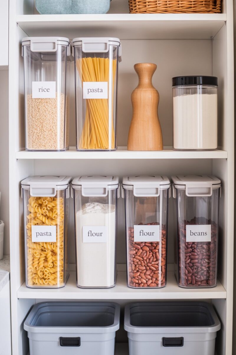 Organized kitchen pantry with clear labeled containers for easy access.