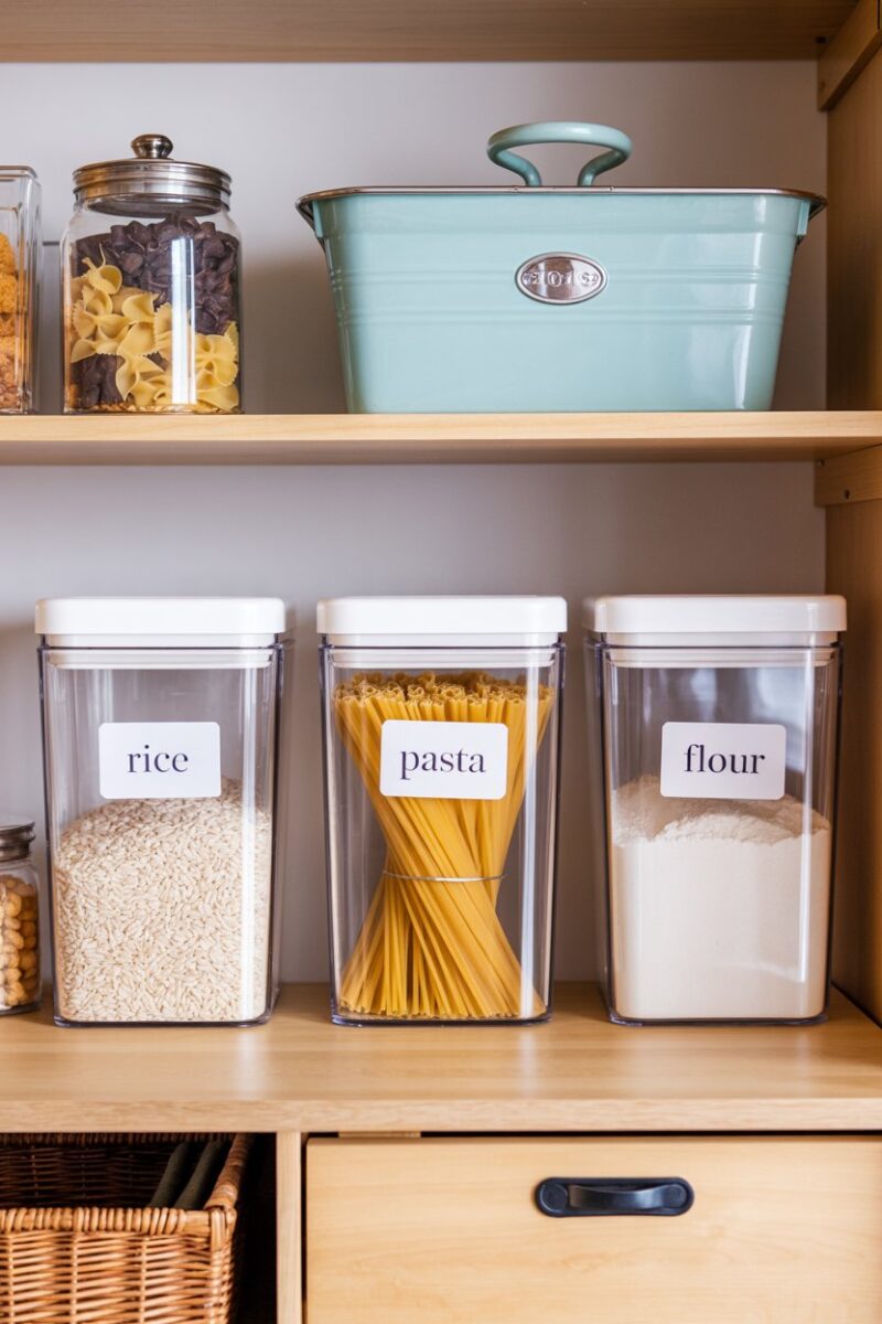 Organized pantry with labeled containers for rice, pasta, and flour.