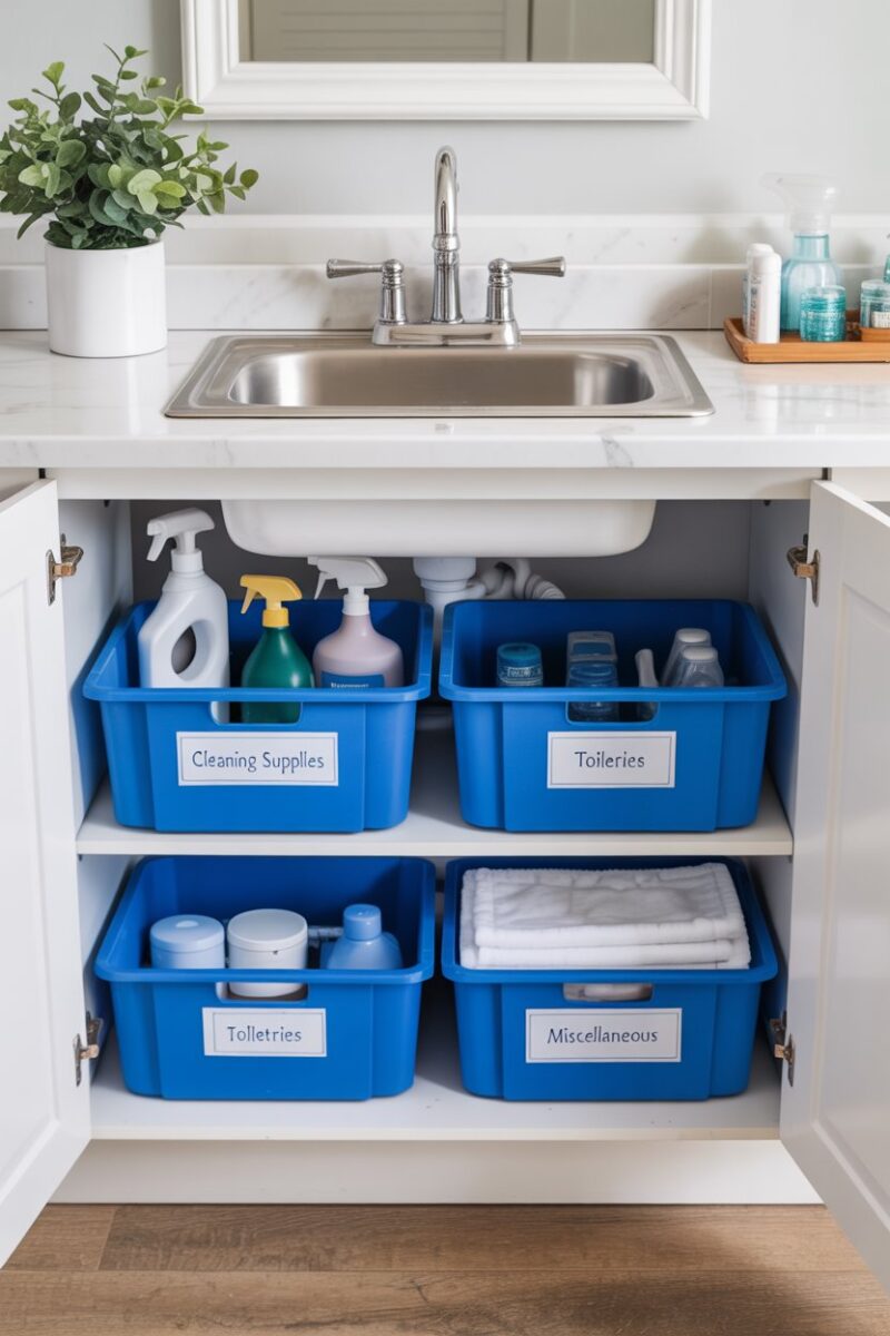 Organized under-sink storage with labeled blue bins for cleaning supplies, toiletries, and miscellaneous items.