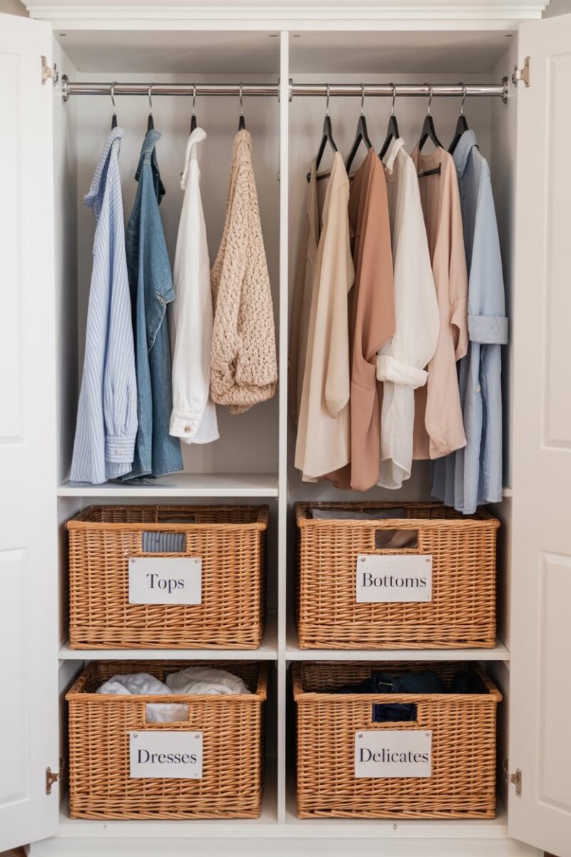 Organized wardrobe with labeled baskets for tops, bottoms, dresses, and delicates.