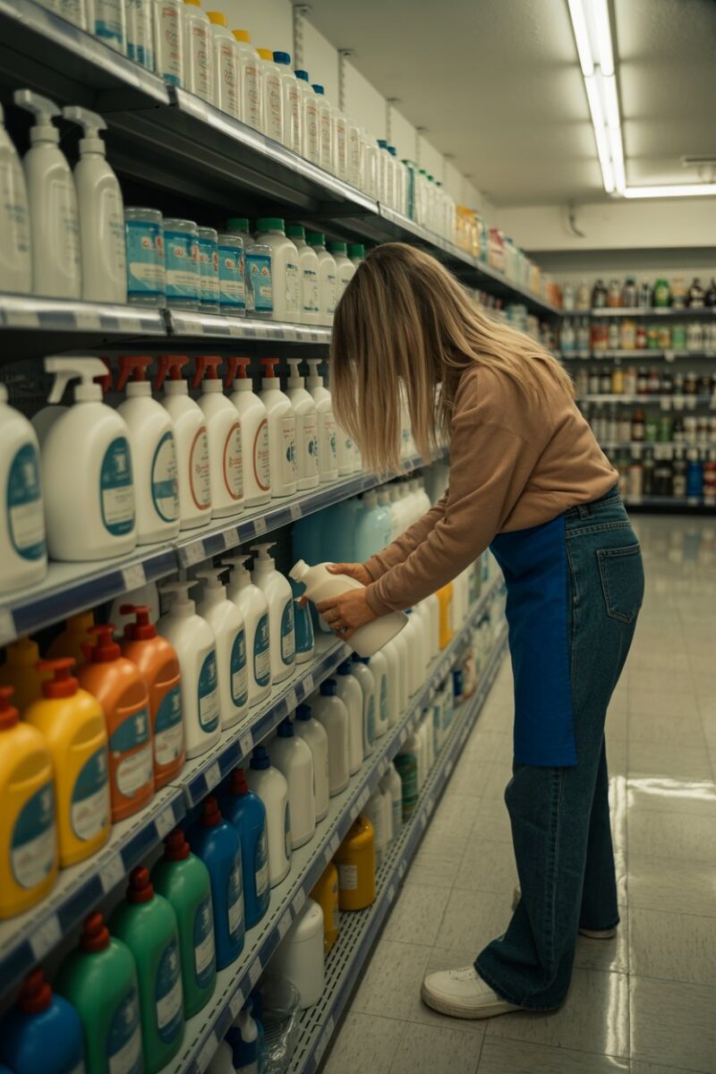 People refilling cleaning products at a store.