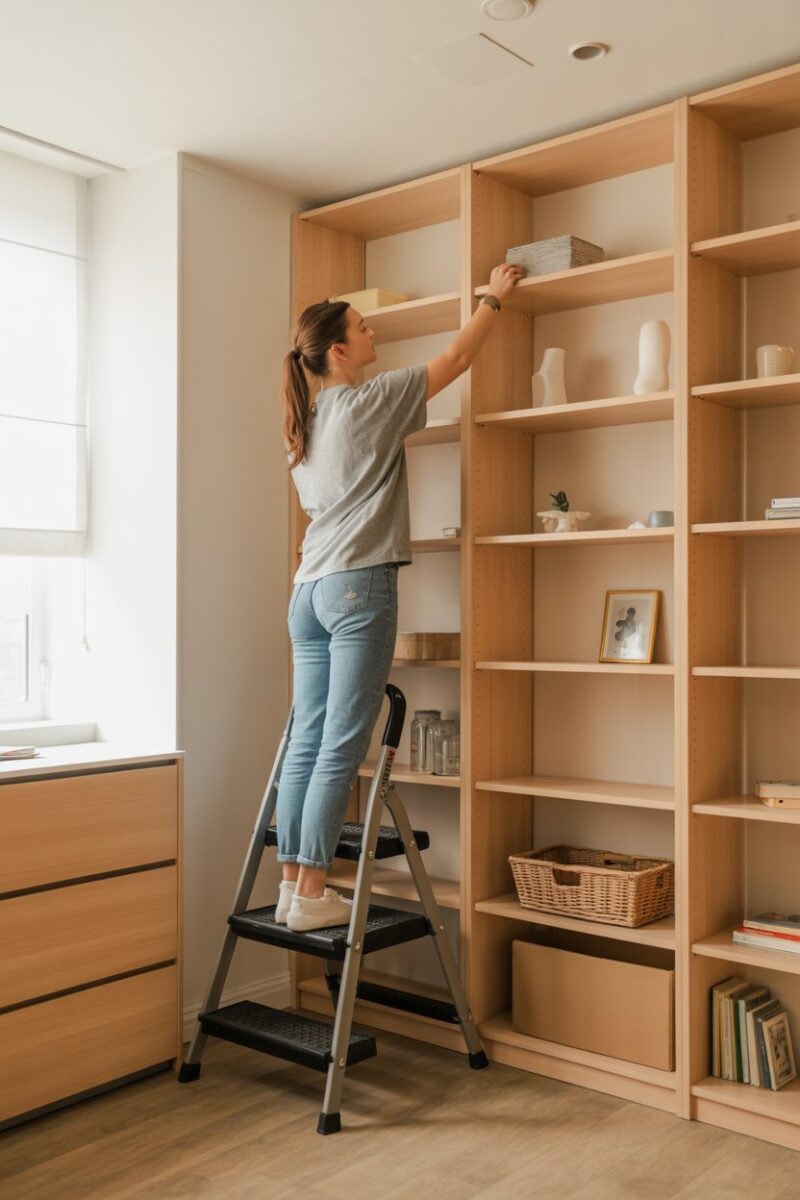 Person dusting high shelves using a step stool.