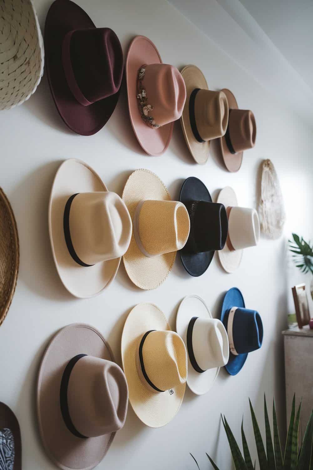 A collection of hats displayed on wall-mounted shelves.