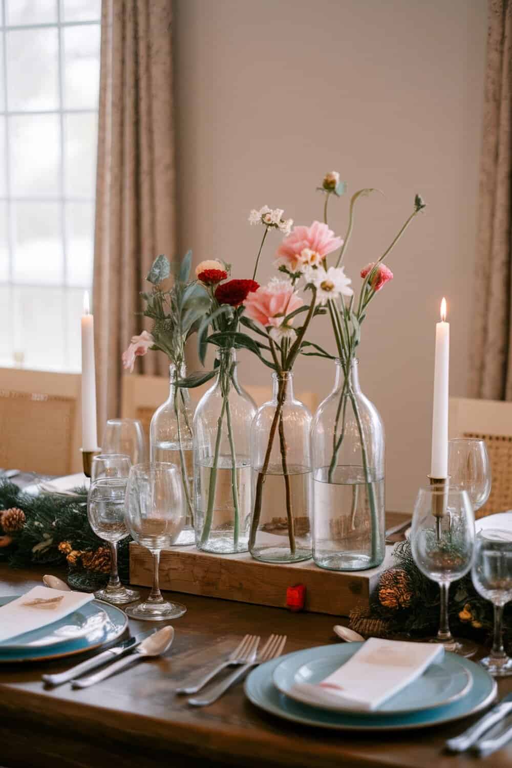 A table setting featuring recycled glass bottles filled with flowers, candles, and elegant tableware.