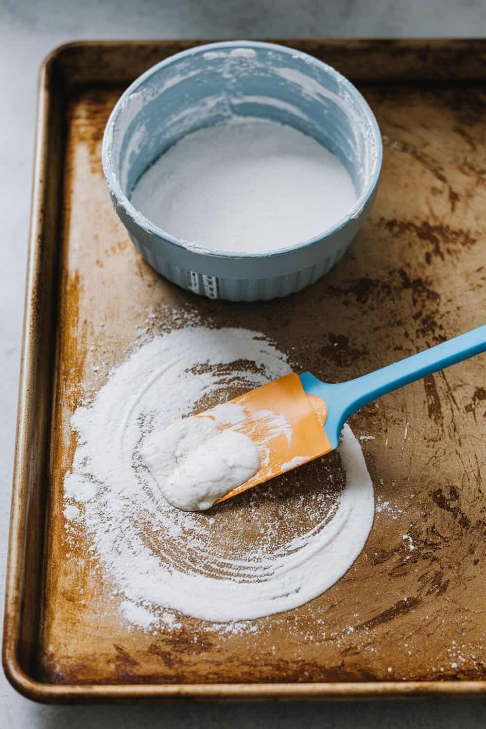 A baking sheet with a baking soda paste spread on it, ready for cleaning.