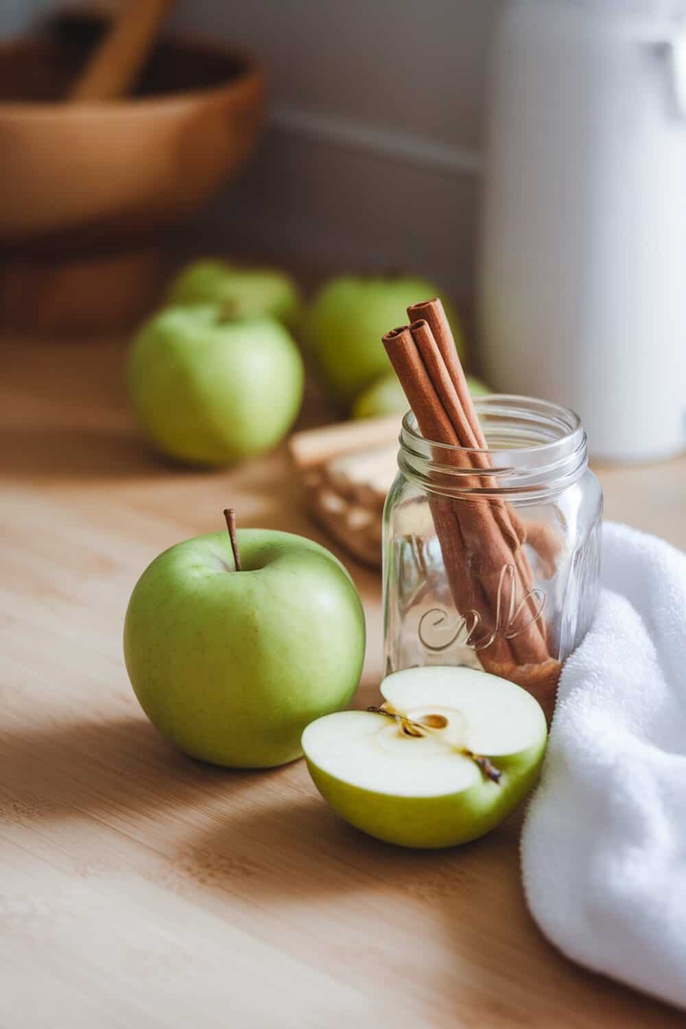 A green apple, a sliced apple, and cinnamon sticks in a jar on a wooden surface.