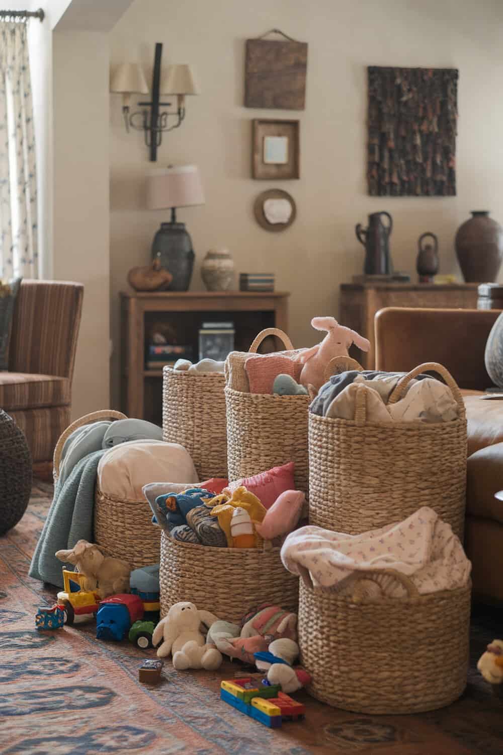 A cozy living room with woven baskets filled with toys and blankets, showcasing a tidy and organized space.