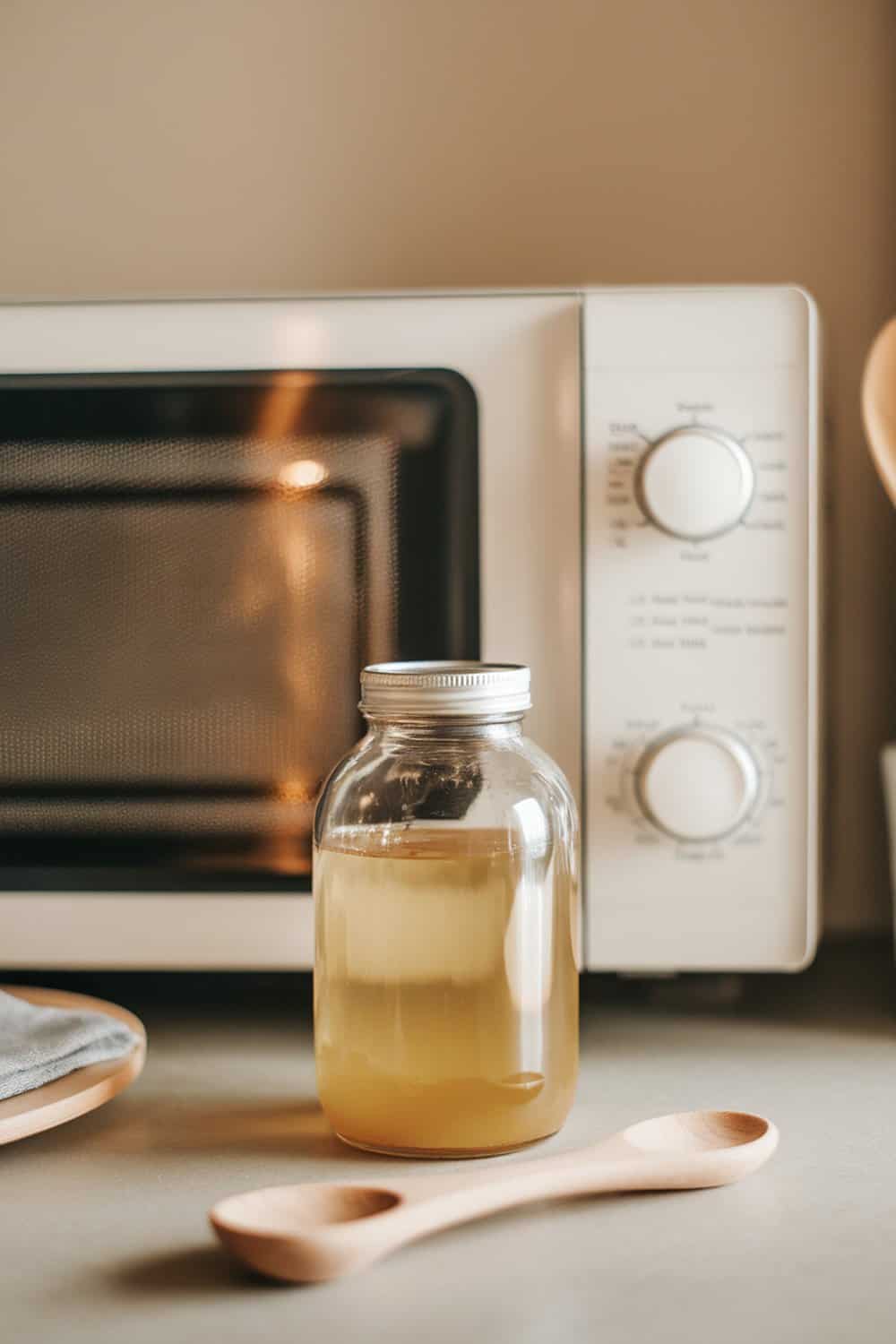 A jar of apple cider vinegar solution next to a microwave and wooden spoon.