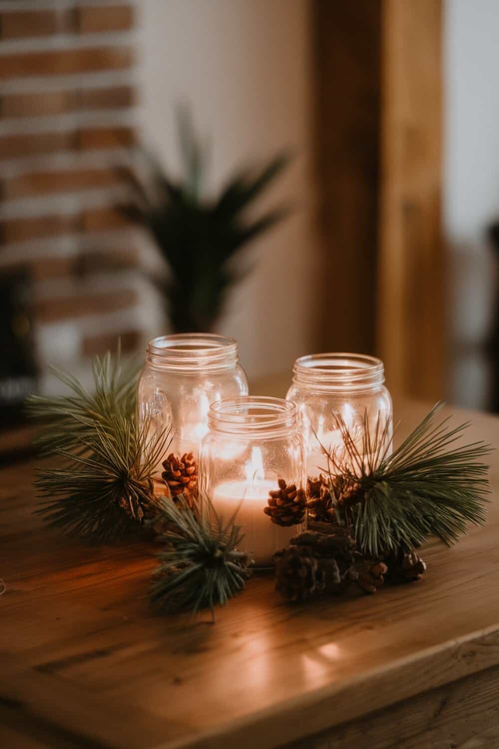 Mason jar lanterns with candles surrounded by pine branches and pinecones on a wooden table.