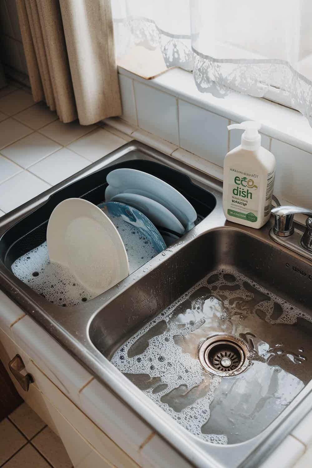 Eco-friendly dish soap next to a sink with soapy dishes.