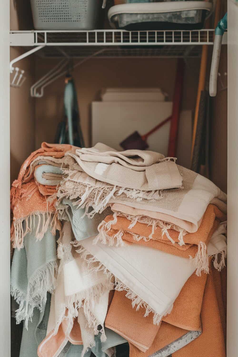 A stack of worn out towels in a closet.