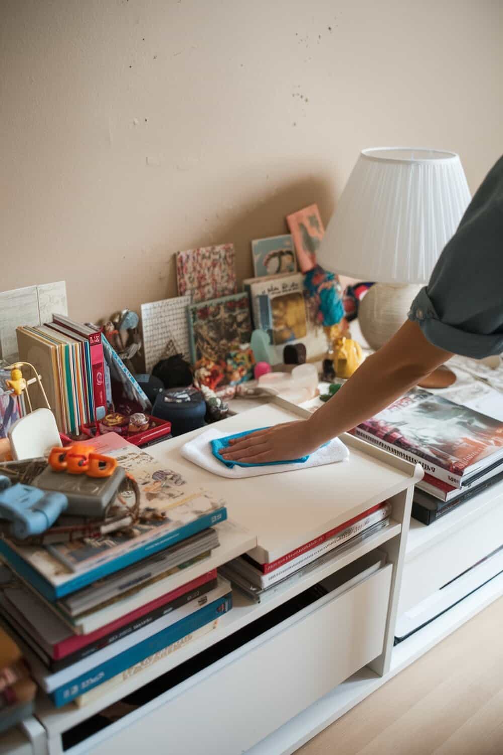 A person cleaning a cluttered surface with a cloth, surrounded by books and decorative items.