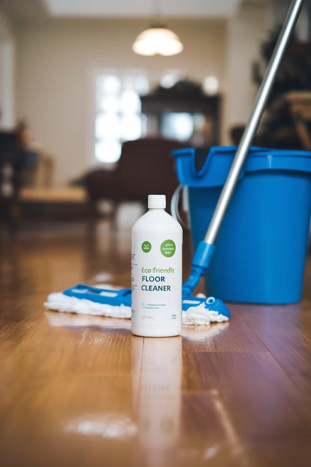Eco-friendly floor cleaner bottle with a mop and bucket on a wooden floor.