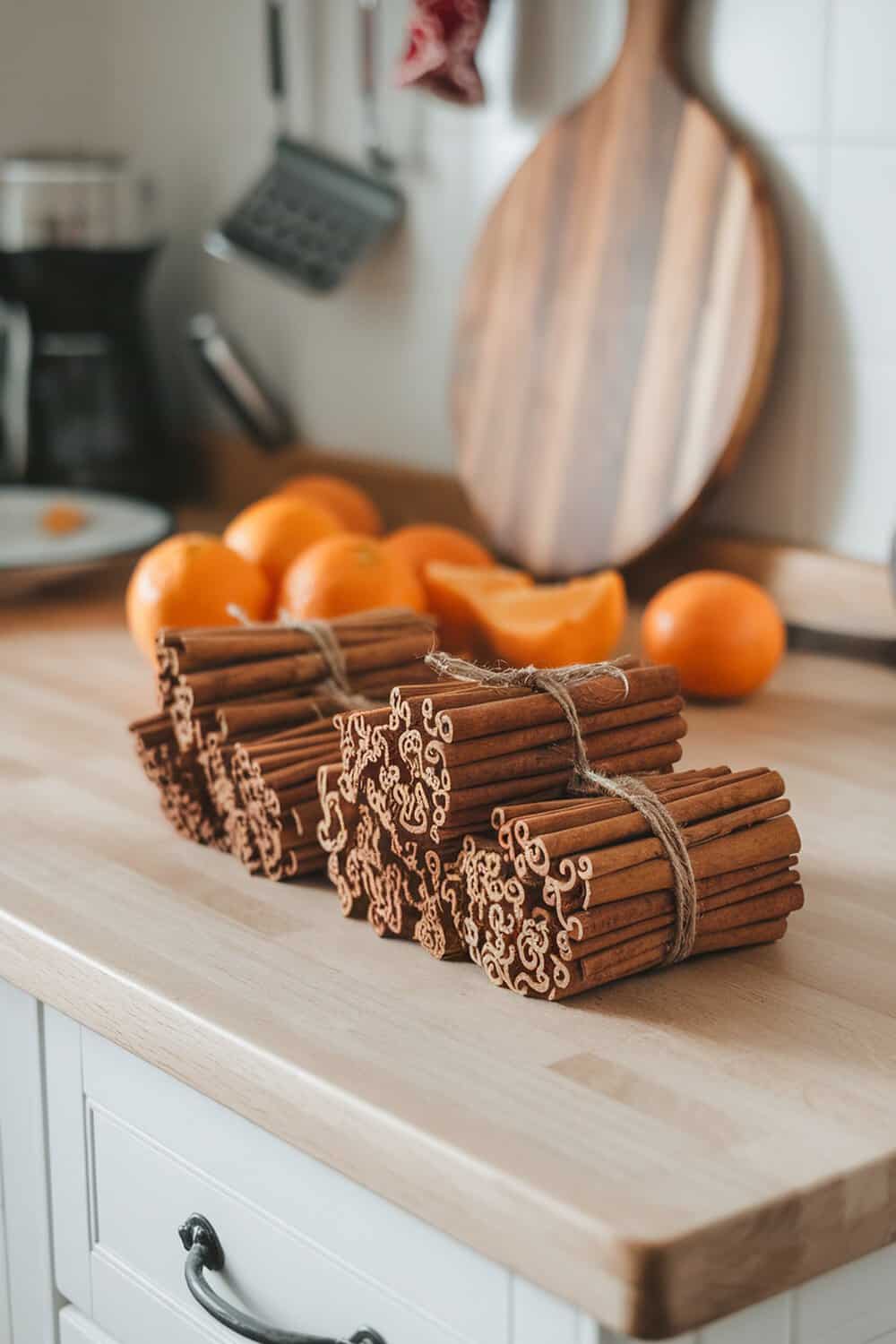Bundles of cinnamon sticks tied with twine on a kitchen counter with oranges in the background.